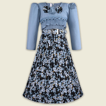 Girls Printed Casual Dress with Puff Sleeves & Belt