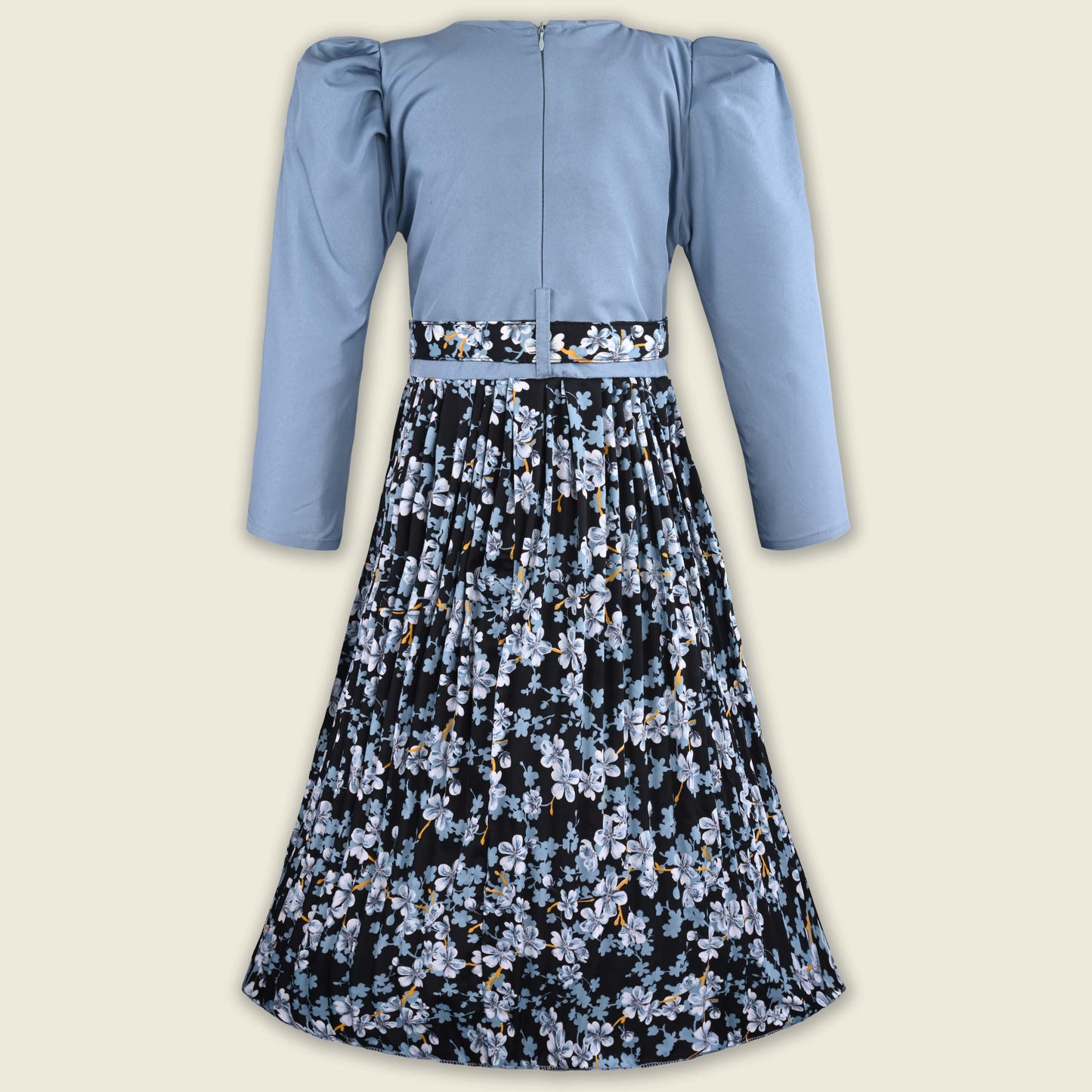 Girls Printed Casual Dress with Puff Sleeves & Belt