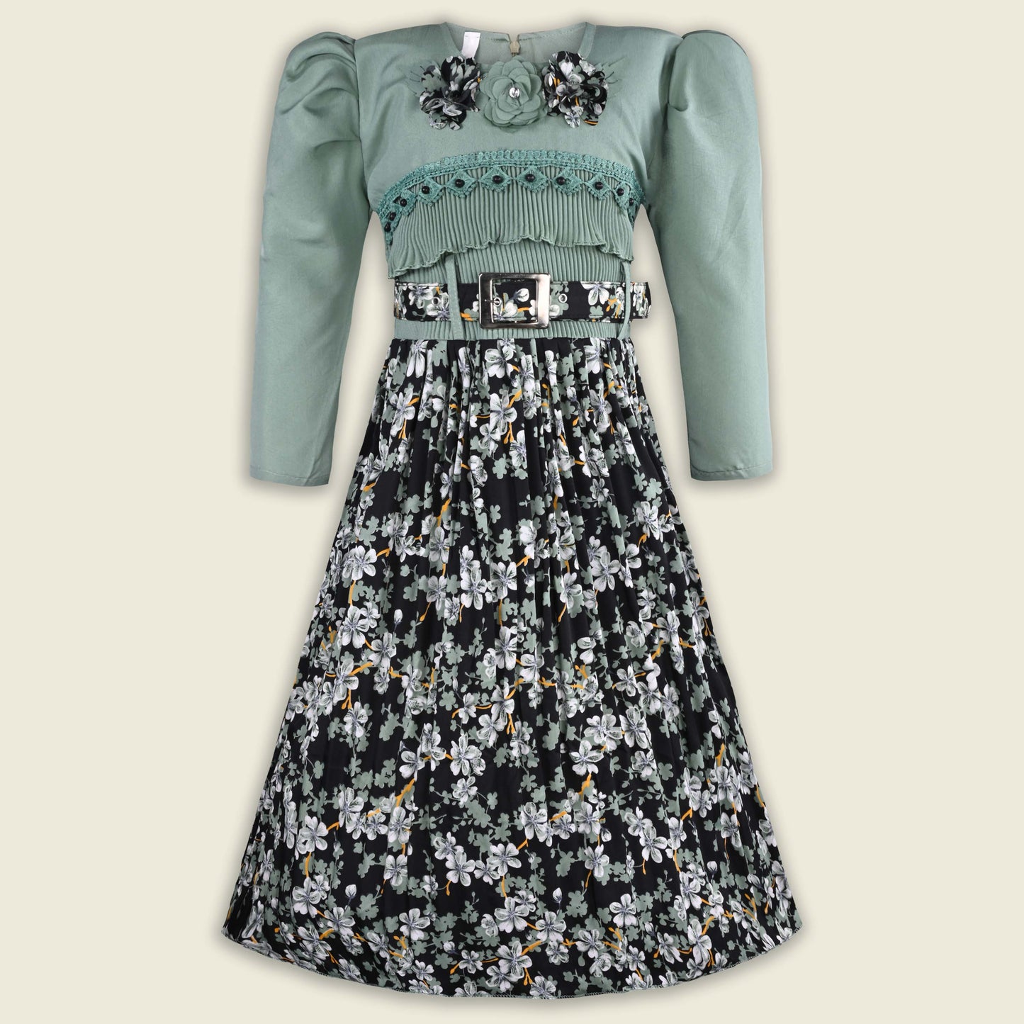Girls Printed Casual Dress with Puff Sleeves & Belt