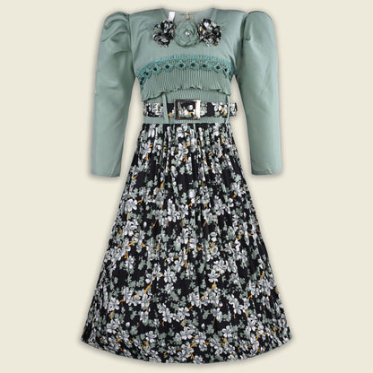 Girls Printed Casual Dress with Puff Sleeves & Belt