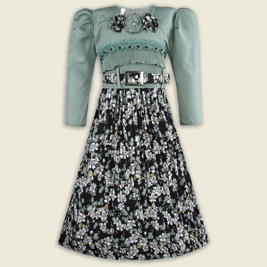 Girls Printed Casual Dress with Puff Sleeves & Belt