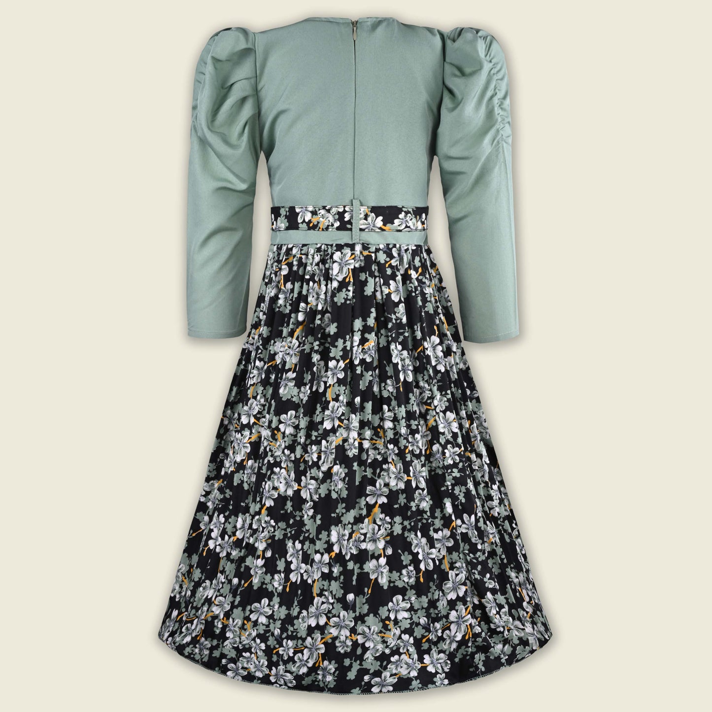 Girls Printed Casual Dress with Puff Sleeves & Belt