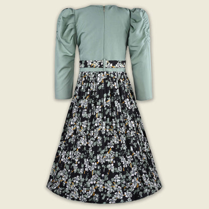 Girls Printed Casual Dress with Puff Sleeves & Belt