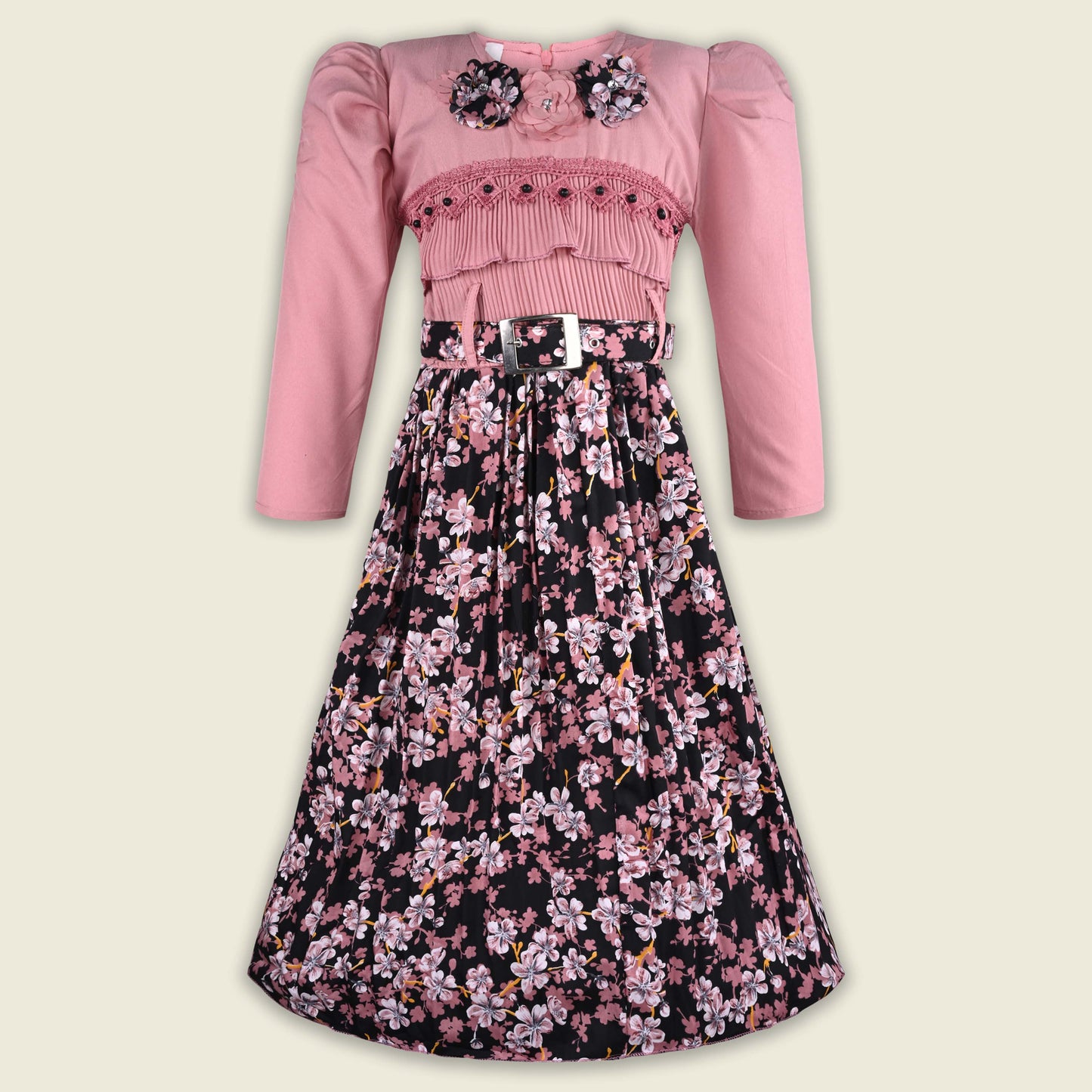 Girls Printed Casual Dress with Puff Sleeves & Belt