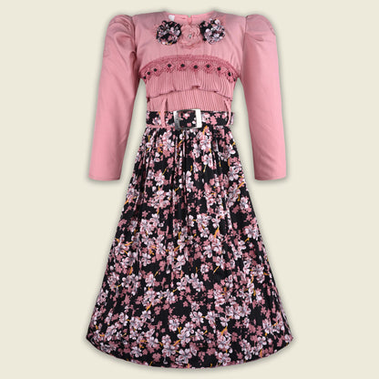 Girls Printed Casual Dress with Puff Sleeves & Belt