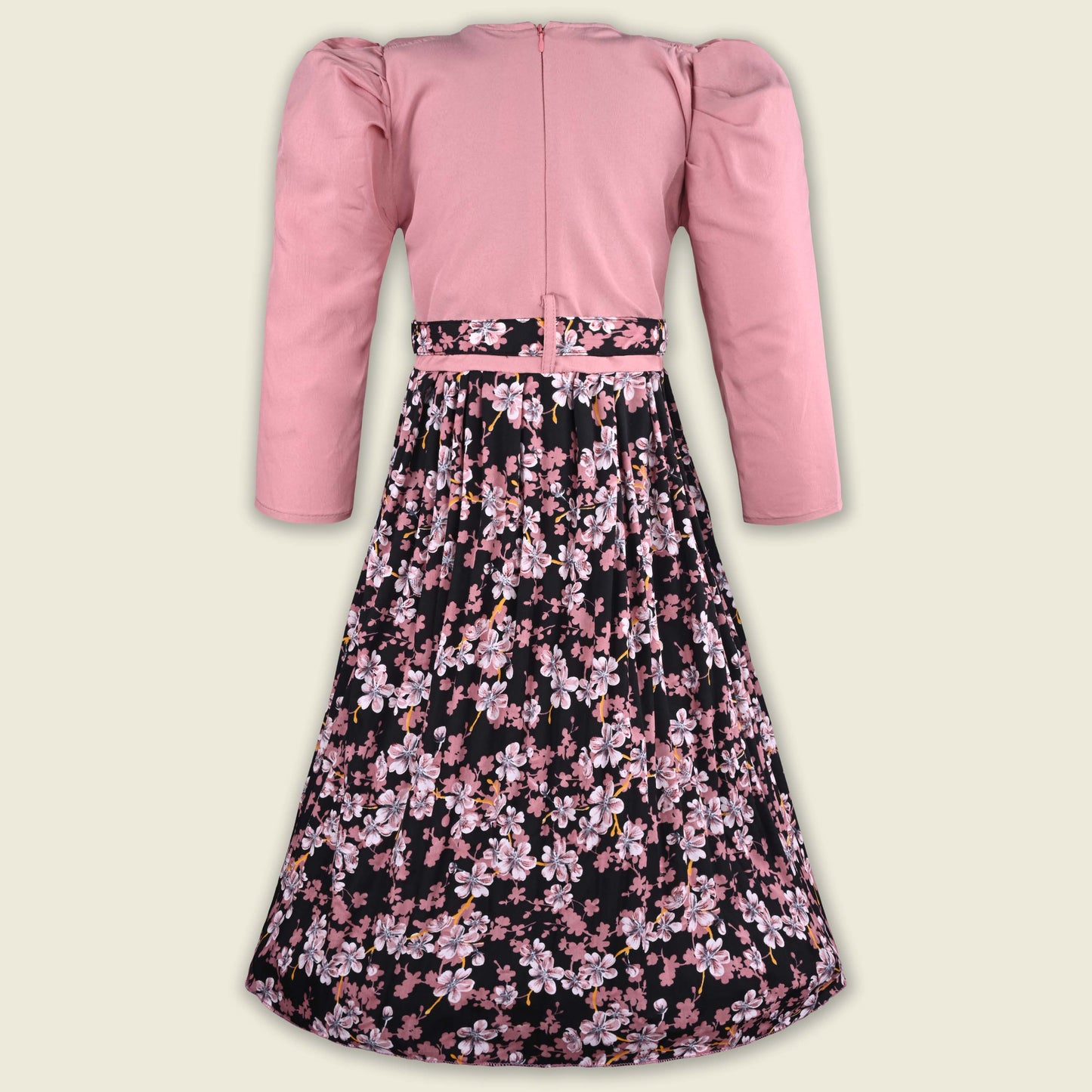 Girls Printed Casual Dress with Puff Sleeves & Belt