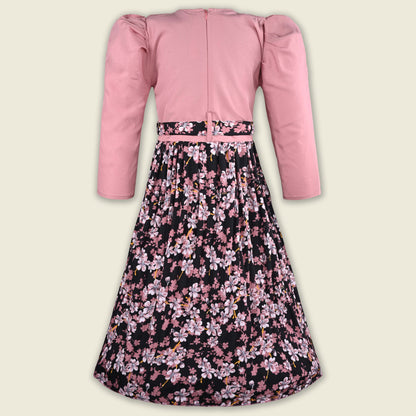 Girls Printed Casual Dress with Puff Sleeves & Belt