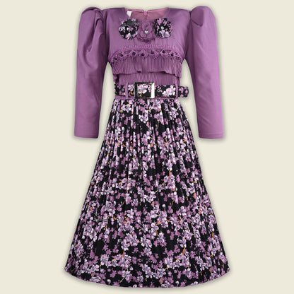 Girls Printed Casual Dress with Puff Sleeves & Belt