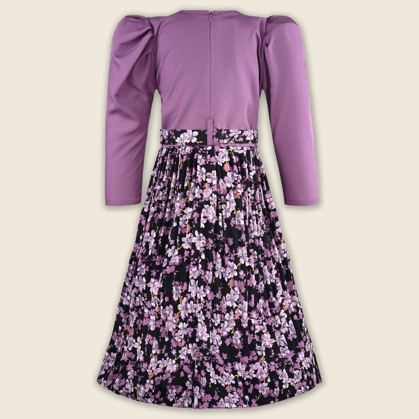 Girls Printed Casual Dress with Puff Sleeves & Belt