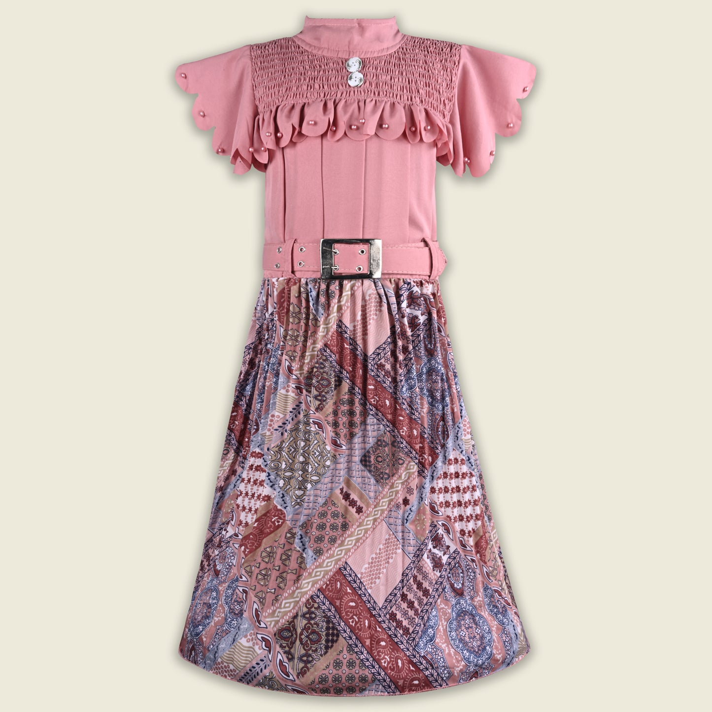 Girls Stylish Printed Casual Dress with Pearl Embellished Sleeves
