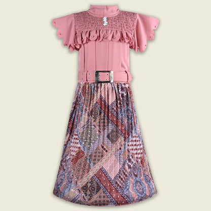 Girls Stylish Printed Casual Dress with Pearl Embellished Sleeves