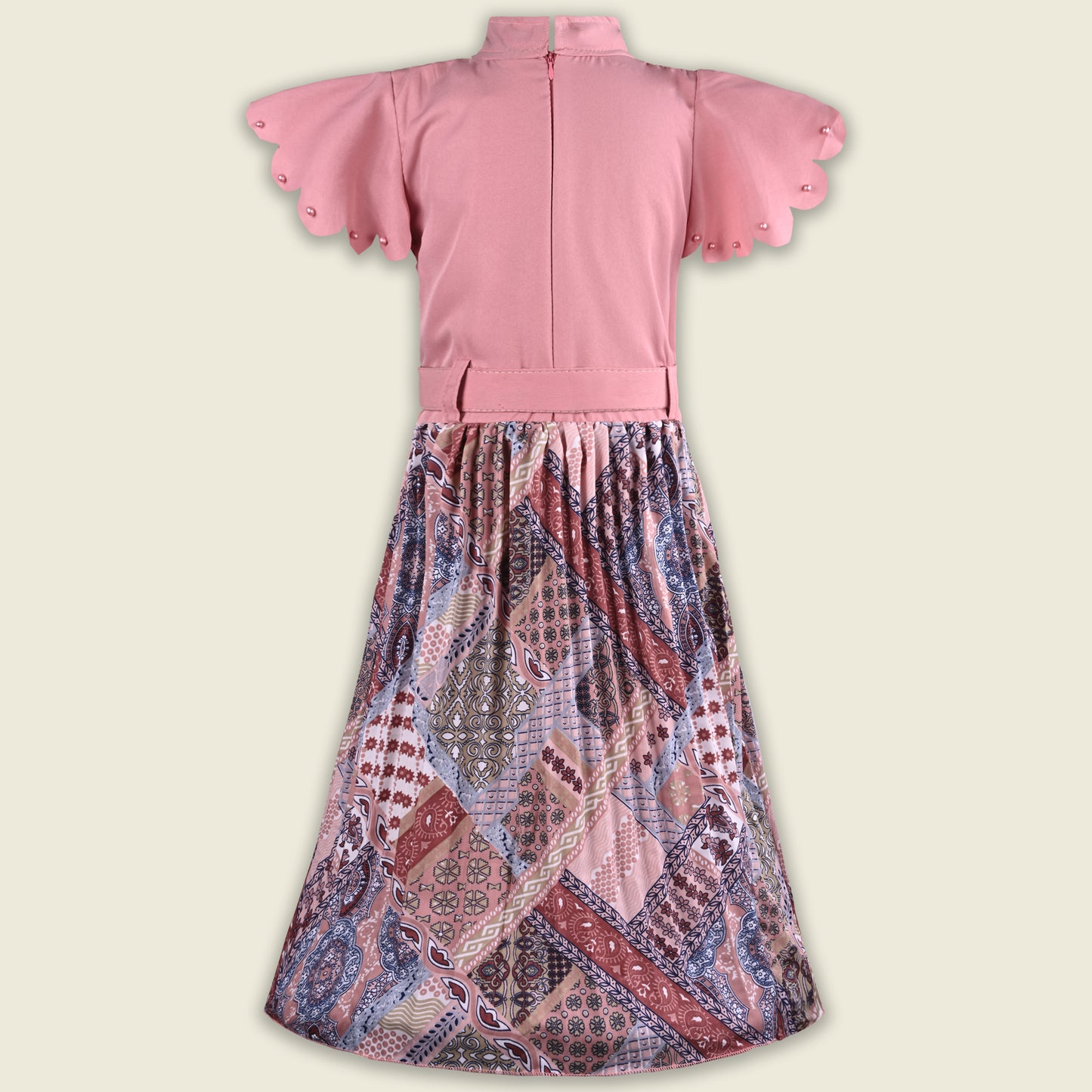 Girls Stylish Printed Casual Dress with Pearl Embellished Sleeves