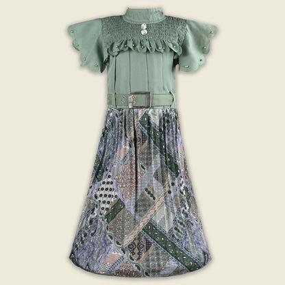 Girls Stylish Printed Casual Dress with Pearl Embellished Sleeves
