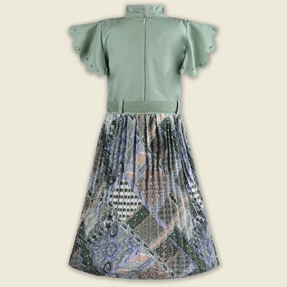 Girls Stylish Printed Casual Dress with Pearl Embellished Sleeves