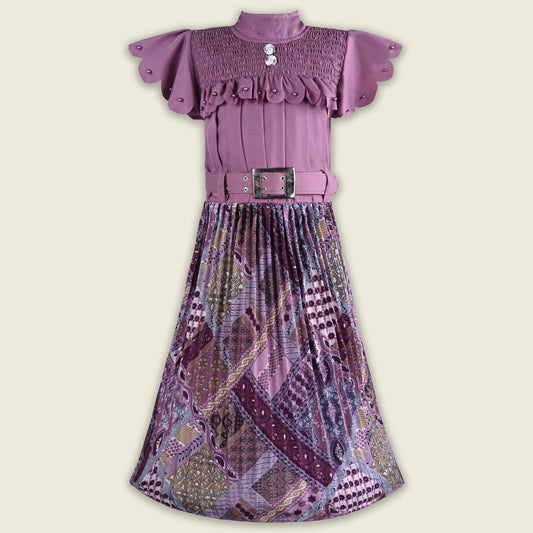 Girls Stylish Printed Casual Dress with Pearl Embellished Sleeves