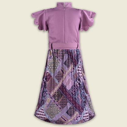 Girls Stylish Printed Casual Dress with Pearl Embellished Sleeves
