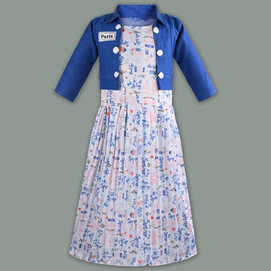 Girls Floral Print Flared Casual Dress with Jacket
