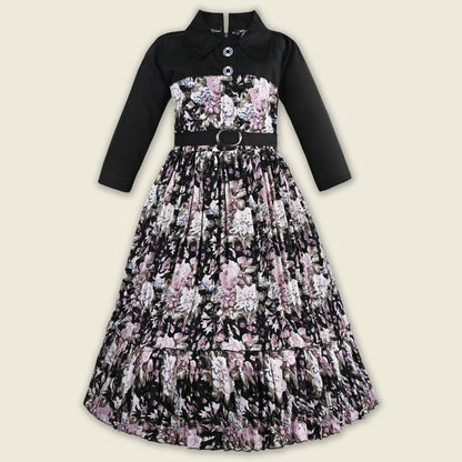Girls Floral Print Satin Collared Casual Dress fe3444