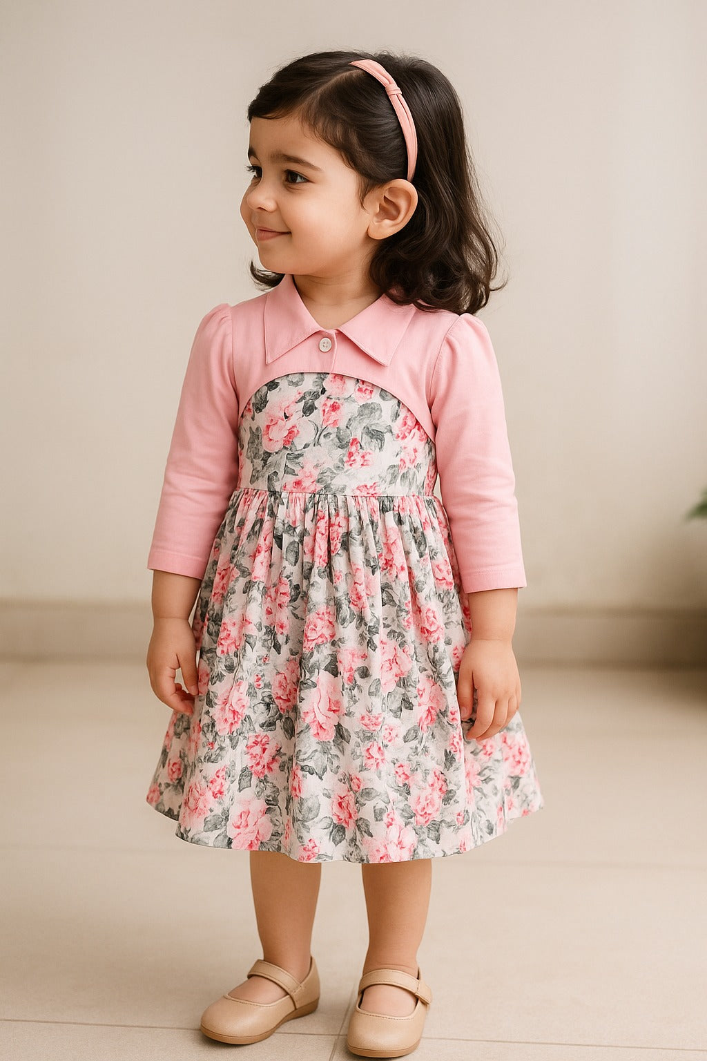Girls Floral Print Satin Collared Casual Dress