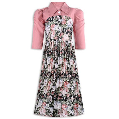 Girls Floral Print Satin Collared Casual Dress fe3444