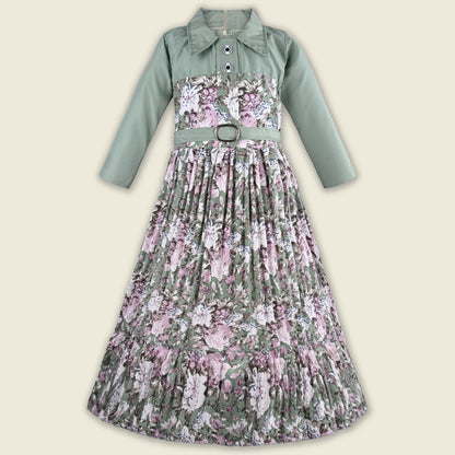 Girls Floral Print Satin Collared Casual Dress fe3444