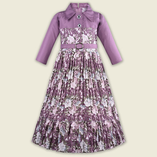 Girls Floral Print Satin Collared Casual Dress fe3444