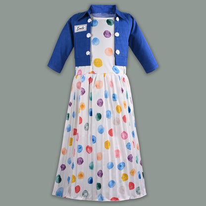 Girls Polka Print Flared Casual Dress with Jacket