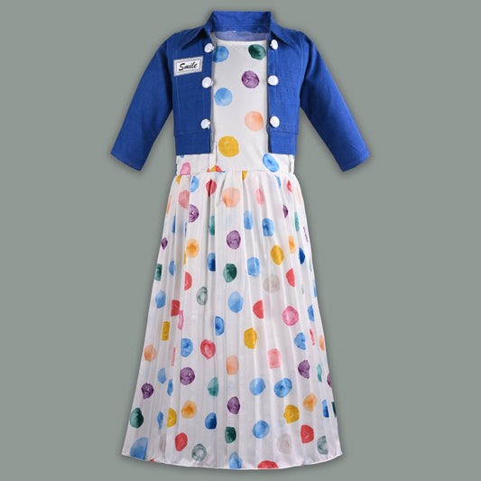 Girls Polka Print Flared Casual Dress with Jacket