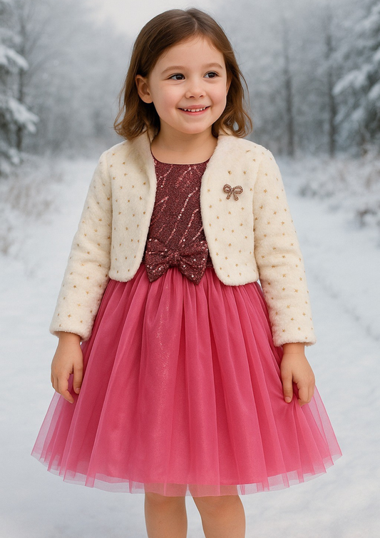 Pink Net Party Frock with Bow & Cream Fur Jacket for Girls – Full Sleeves, Winter Wear