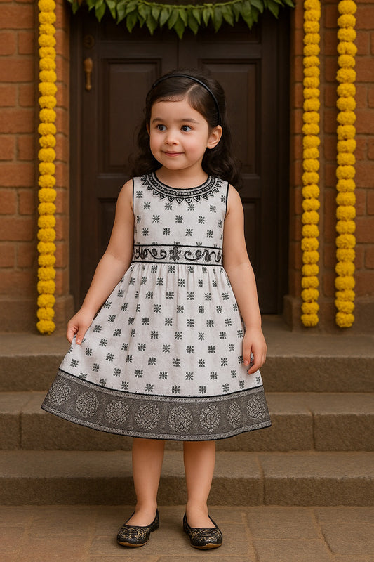 Girls Bead Embellished Woven Zari Border Ethnic Dress