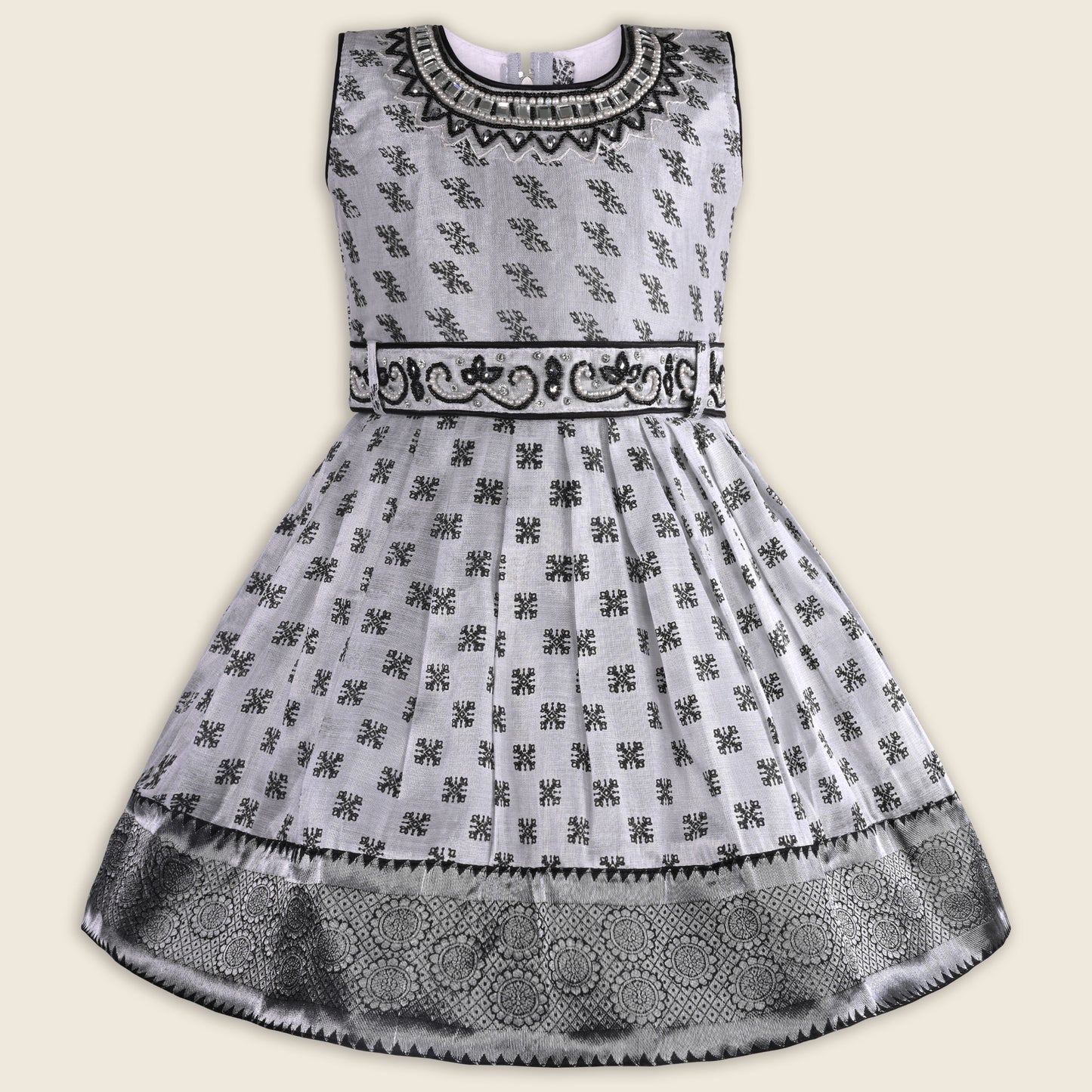 Girls Bead Embellished Woven Zari Border Ethnic Dress