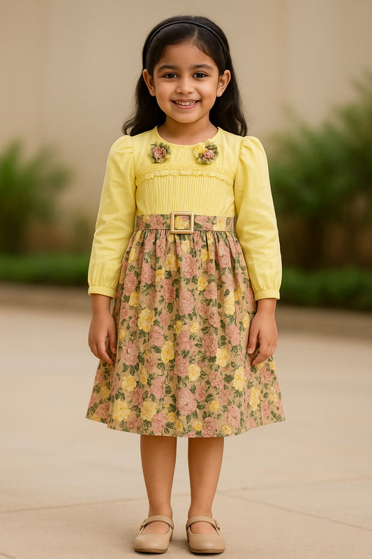 Girls Floral Pleated Casual Dress with Belt