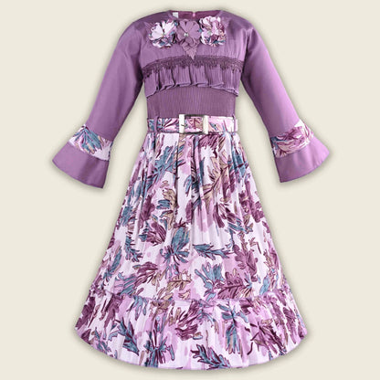 Girls Printed Casual Dress with Bell Sleeves & Belt