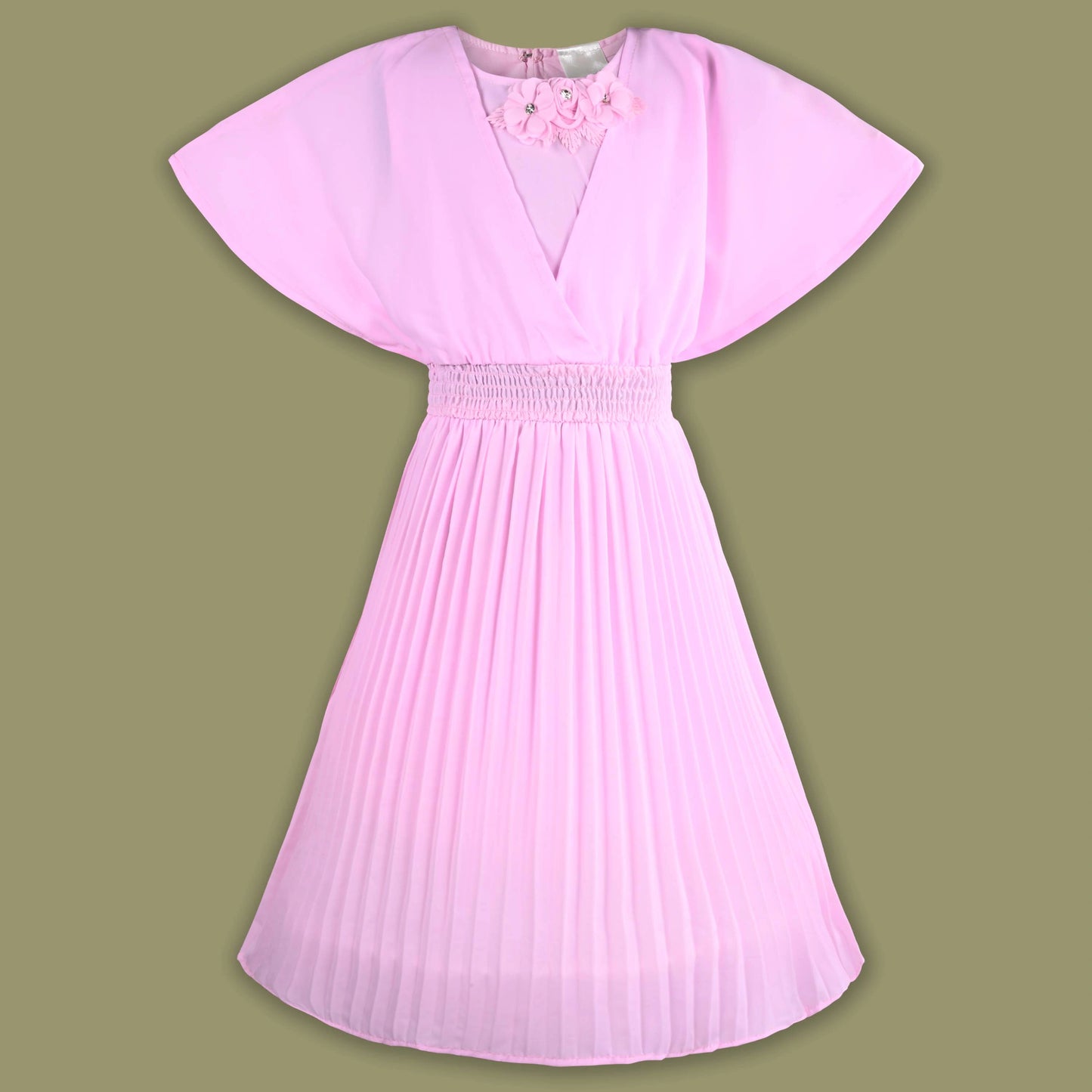 Girls Casual Dress with Flared Sleeves & Floral Detailing