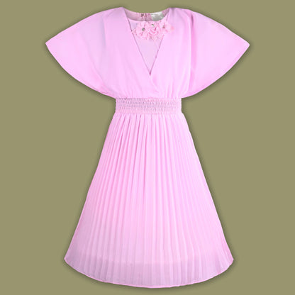 Girls Casual Dress with Flared Sleeves & Floral Detailing