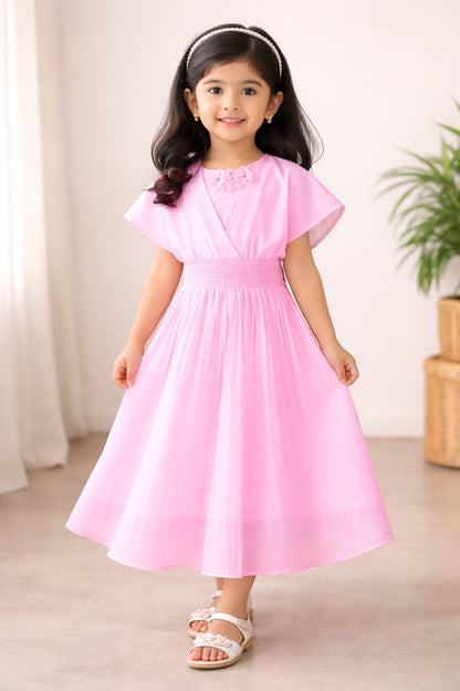 Girls Casual Dress with Flared Sleeves & Floral Detailing