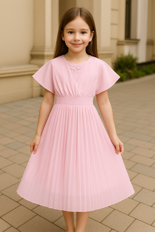 Girls Casual Dress with Flared Sleeves & Floral Detailing