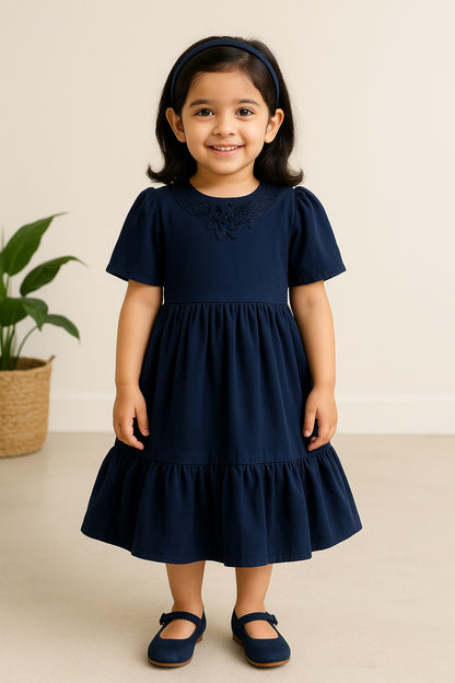 Girls Floral Applique Solid Tiered Casual Dress