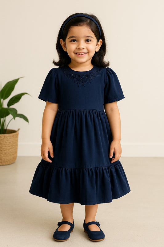 Girls Floral Applique Solid Tiered Casual Dress