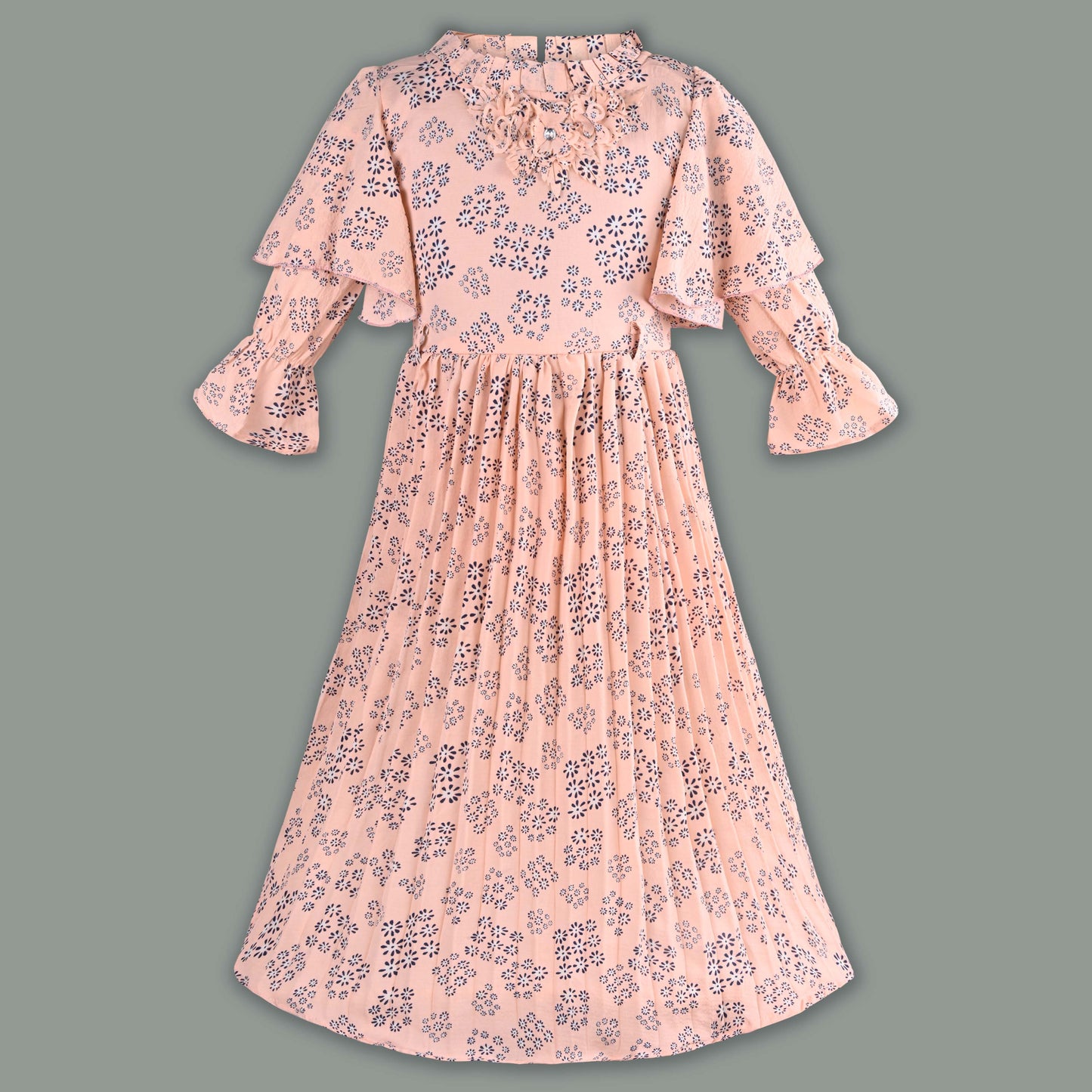 Girls Floral Applique Printed Flared Casual Dress