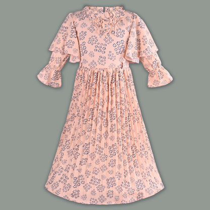 Girls Floral Applique Printed Flared Casual Dress