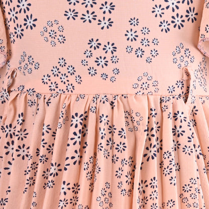 Girls Floral Applique Printed Flared Casual Dress