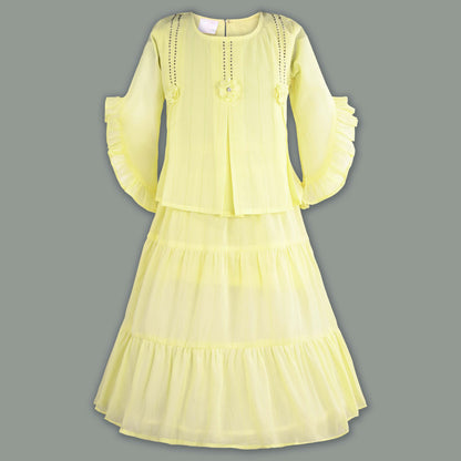 Girls Tiered Casual Dress with Flared Sleeves & Floral Detailing