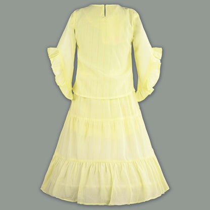 Girls Tiered Casual Dress with Flared Sleeves & Floral Detailing