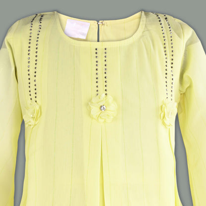 Girls Tiered Casual Dress with Flared Sleeves & Floral Detailing