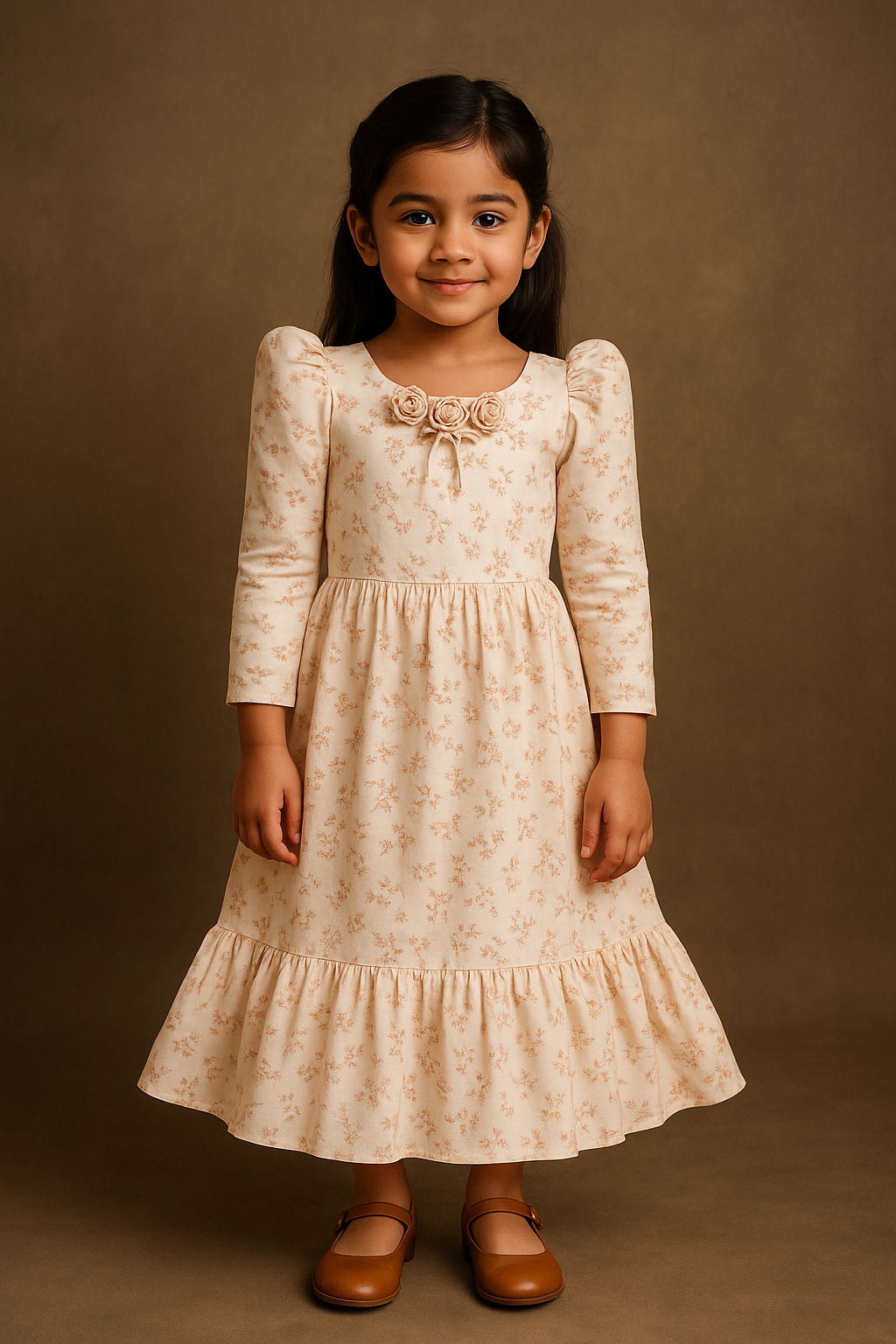 Girls Floral Printed Georgette Pleated Dress with Puff Long Sleeves