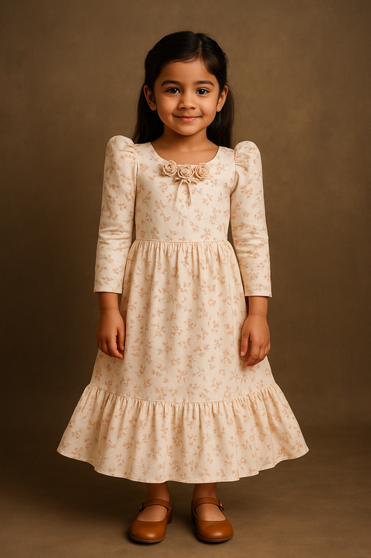 Girls Floral Printed Georgette Pleated Dress with Puff Long Sleeves