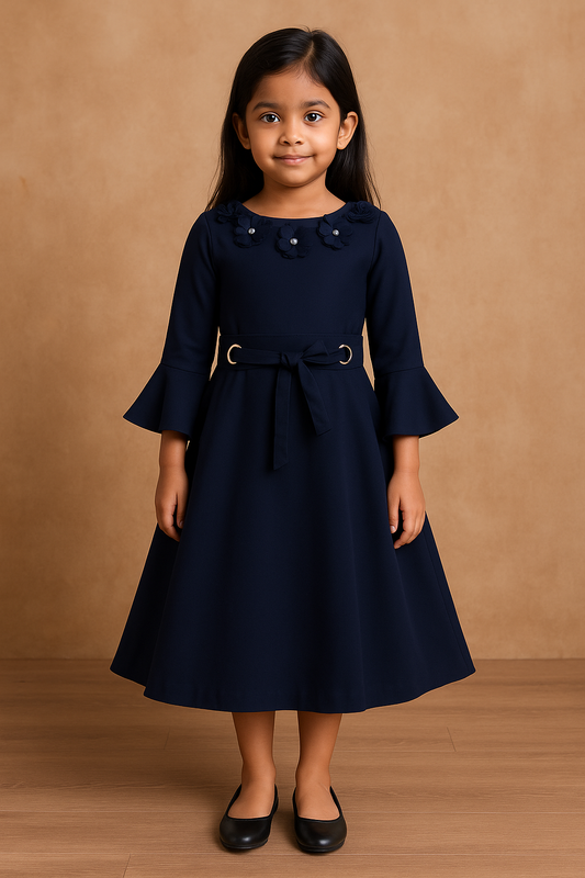 Girls Floral Neckline A-Line Casual Dress with Waist Tie fe3478
