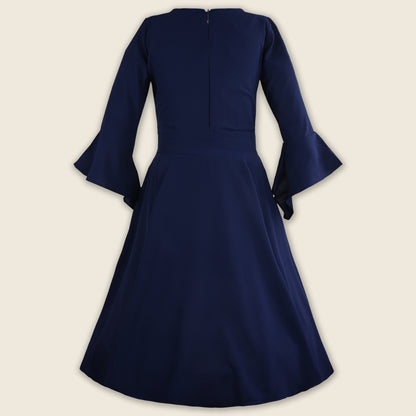 Girls Floral Neckline A-Line Casual Dress with Waist Tie fe3478