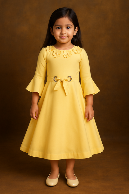 Girls Floral Neckline A-Line Casual Dress with Waist Tie fe3478